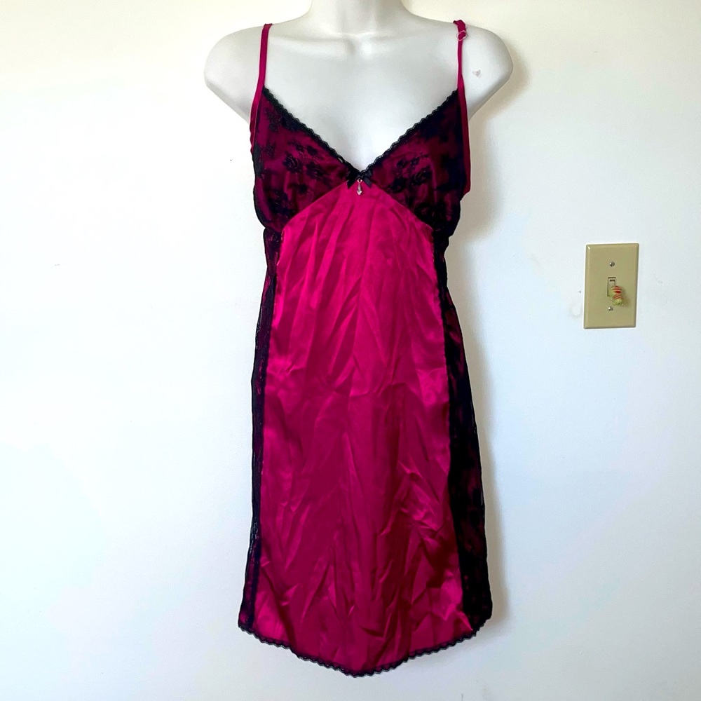 Magenta Satin Slip Dress with Black Lace